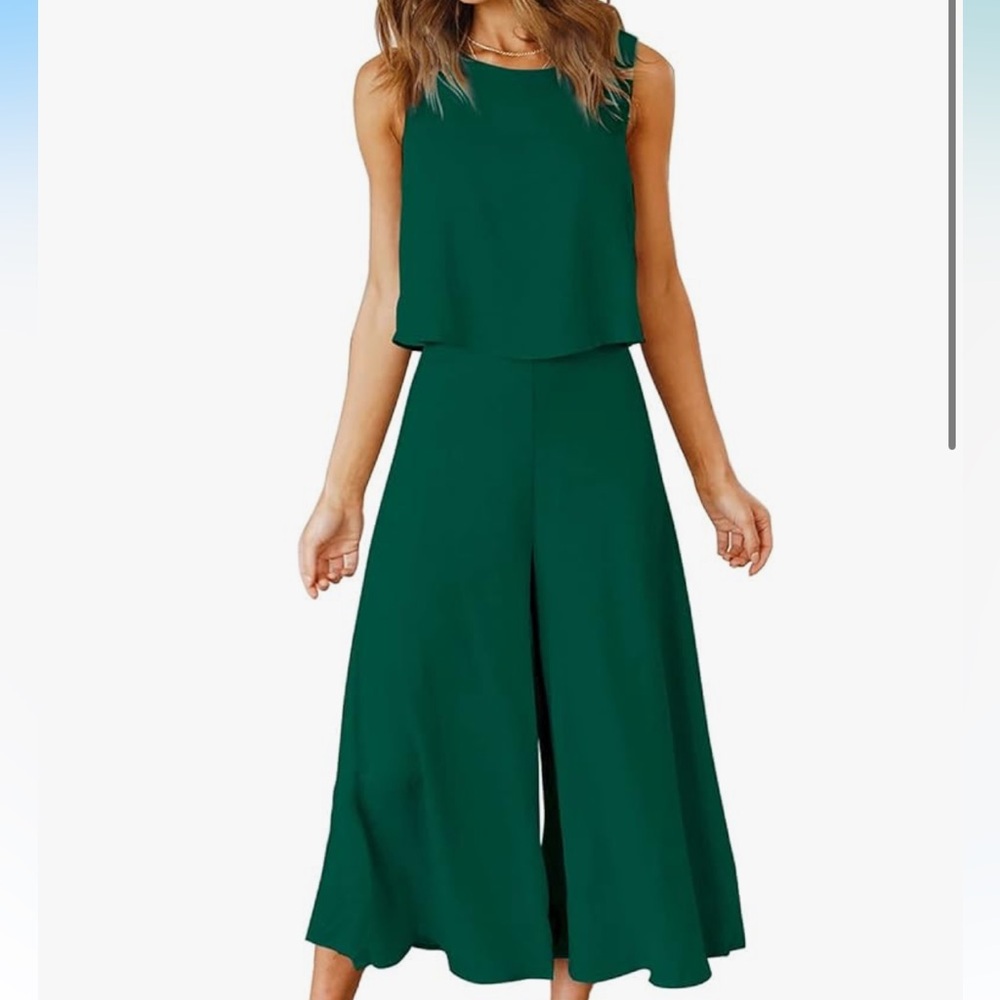 ROYLAMP 2 Piece Outfit Round Neck Crop Basic Top Cropped Wide Leg Pants Set